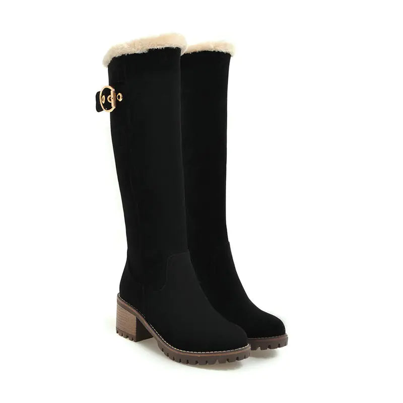 Buckle Embellished Mid-Heel Winter Long Boots