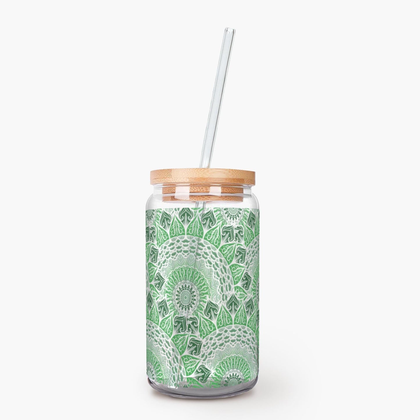 Boho Green Mandalas 16 oz Glass With Lid and Straw