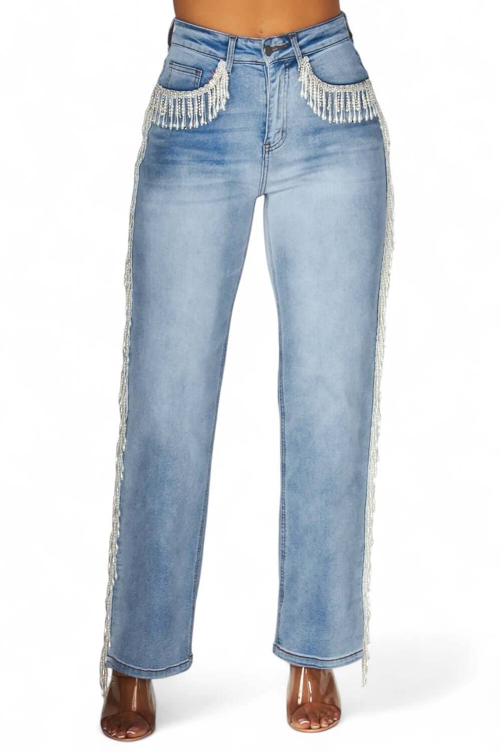 Vaqueros Kenia Pearl Fringe de tiro alto