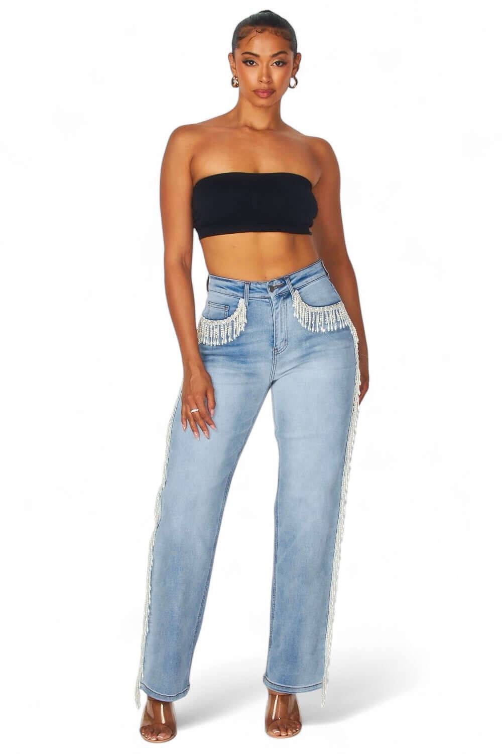 Vaqueros Kenia Pearl Fringe de tiro alto
