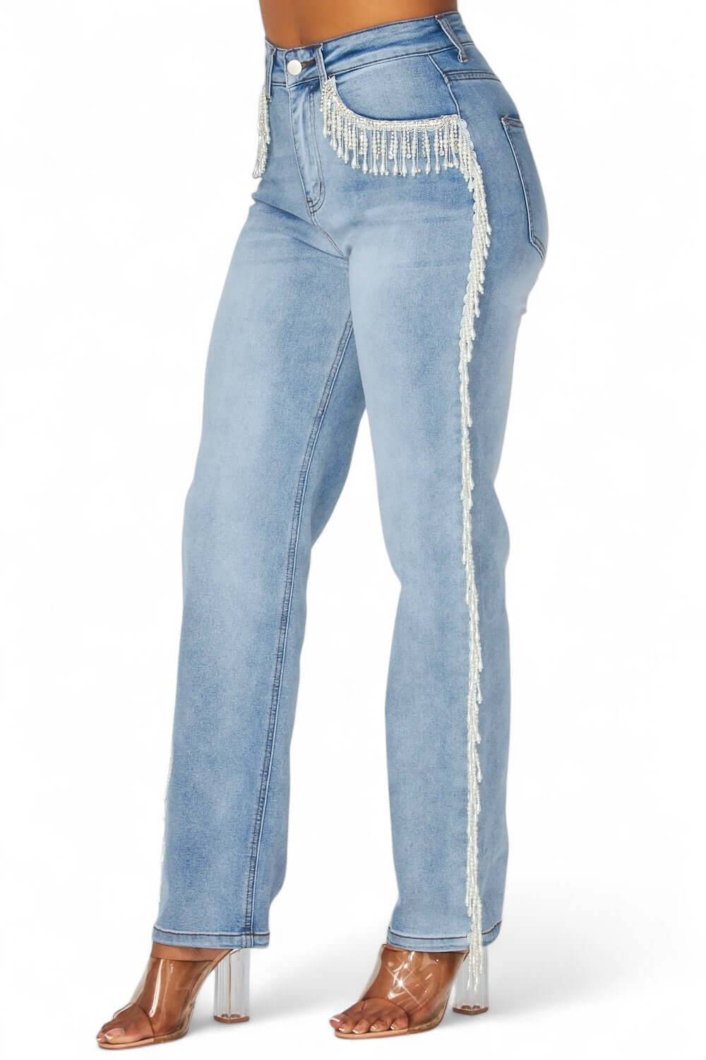 Vaqueros Kenia Pearl Fringe de tiro alto