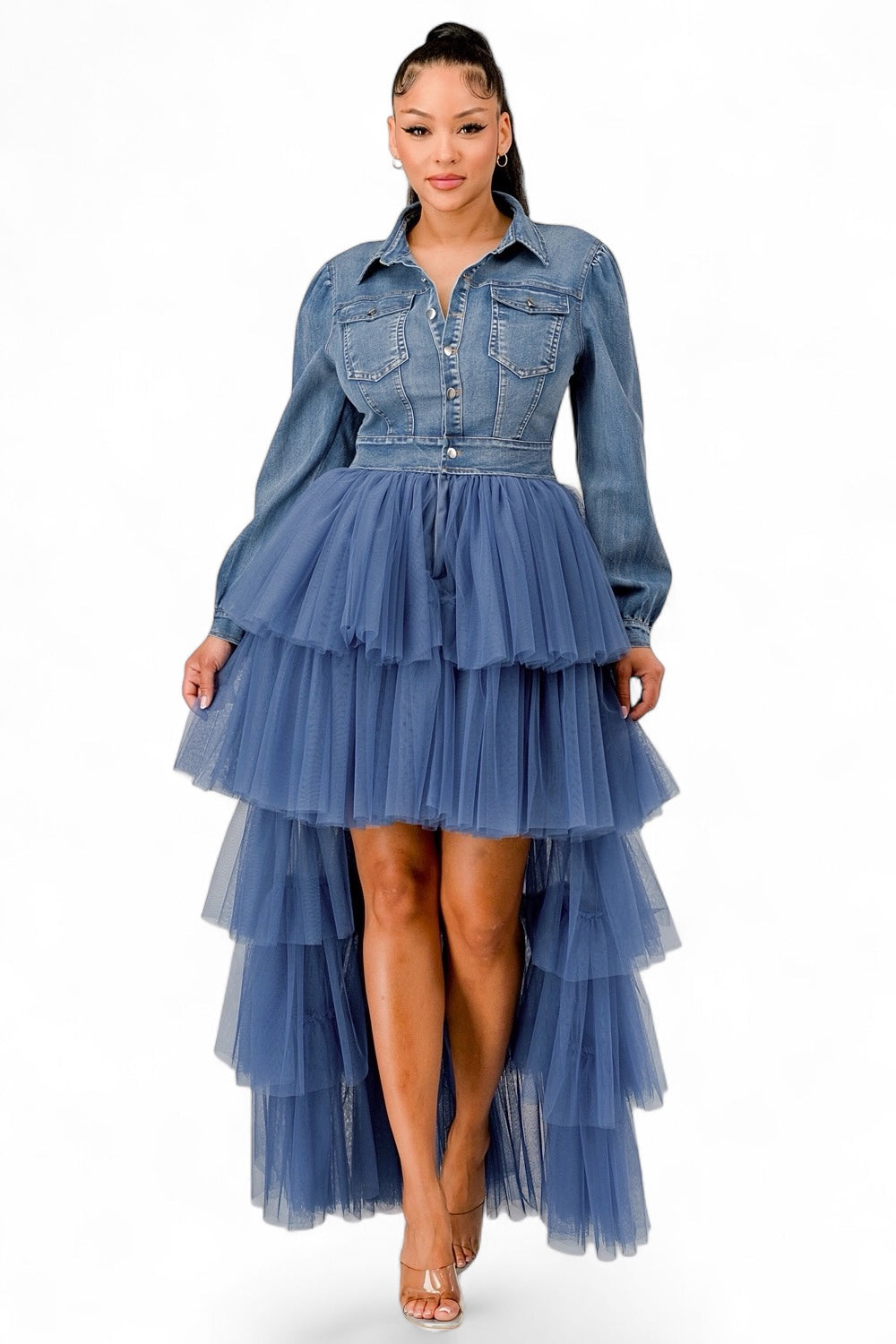 Vestido Vaquero de Tul en Capas con Dobladillo Asimétrico