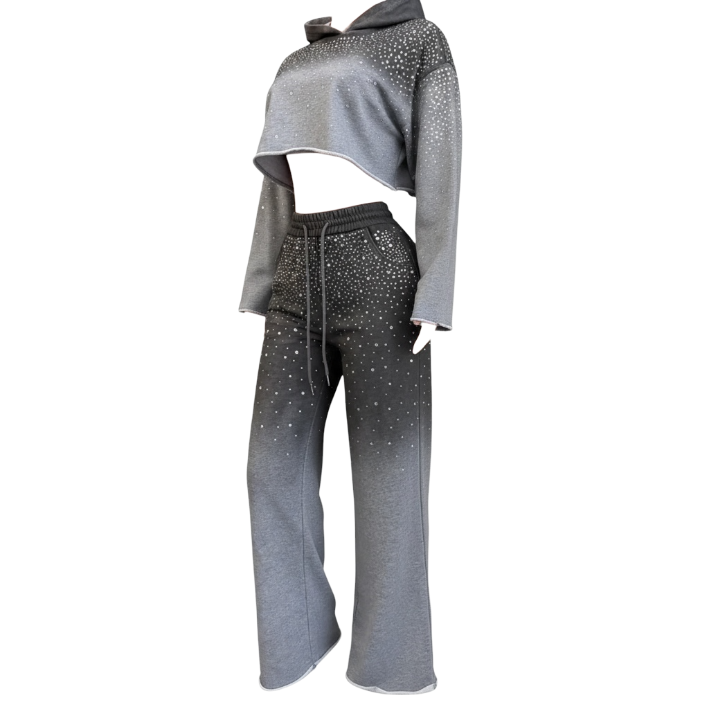 Conjunto de sudadera corta con capucha y diamantes de imitación degradados