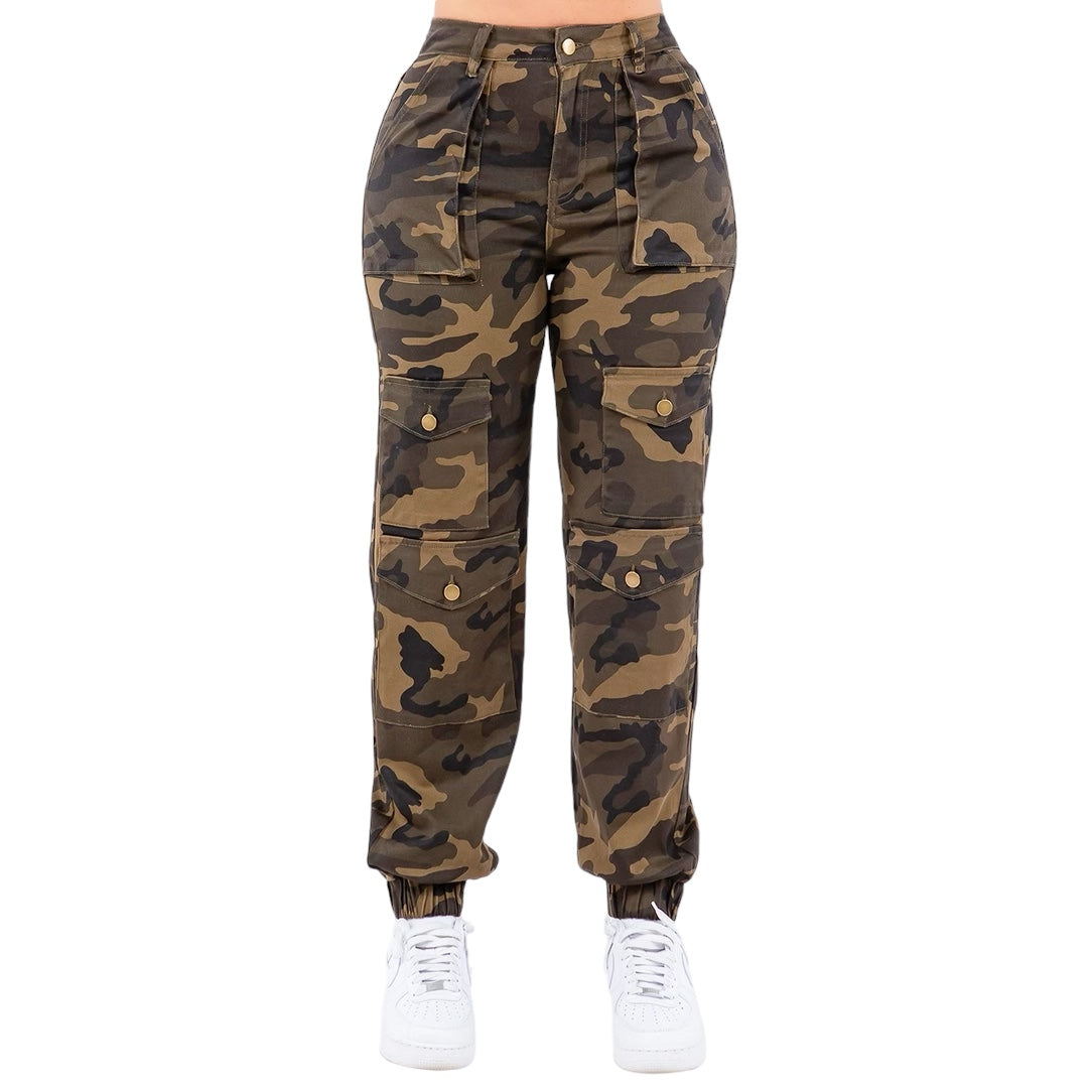 Pantalones deportivos camuflados de cintura alta con múltiples bolsillos