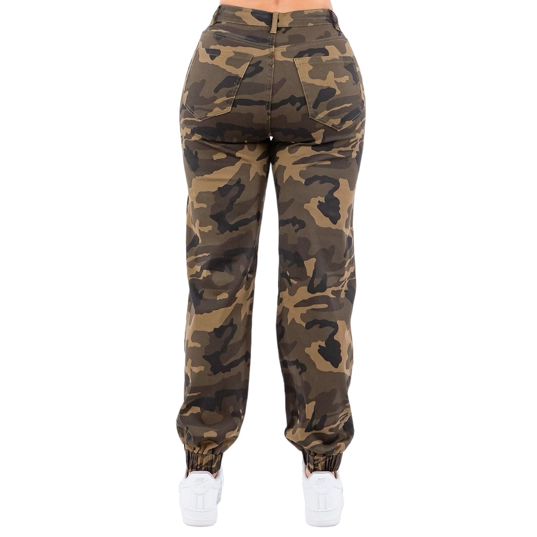 Pantalones deportivos camuflados de cintura alta con múltiples bolsillos