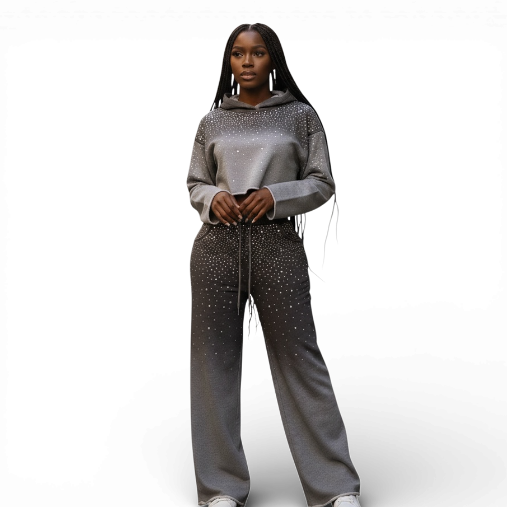 Conjunto de sudadera corta con capucha y diamantes de imitación degradados