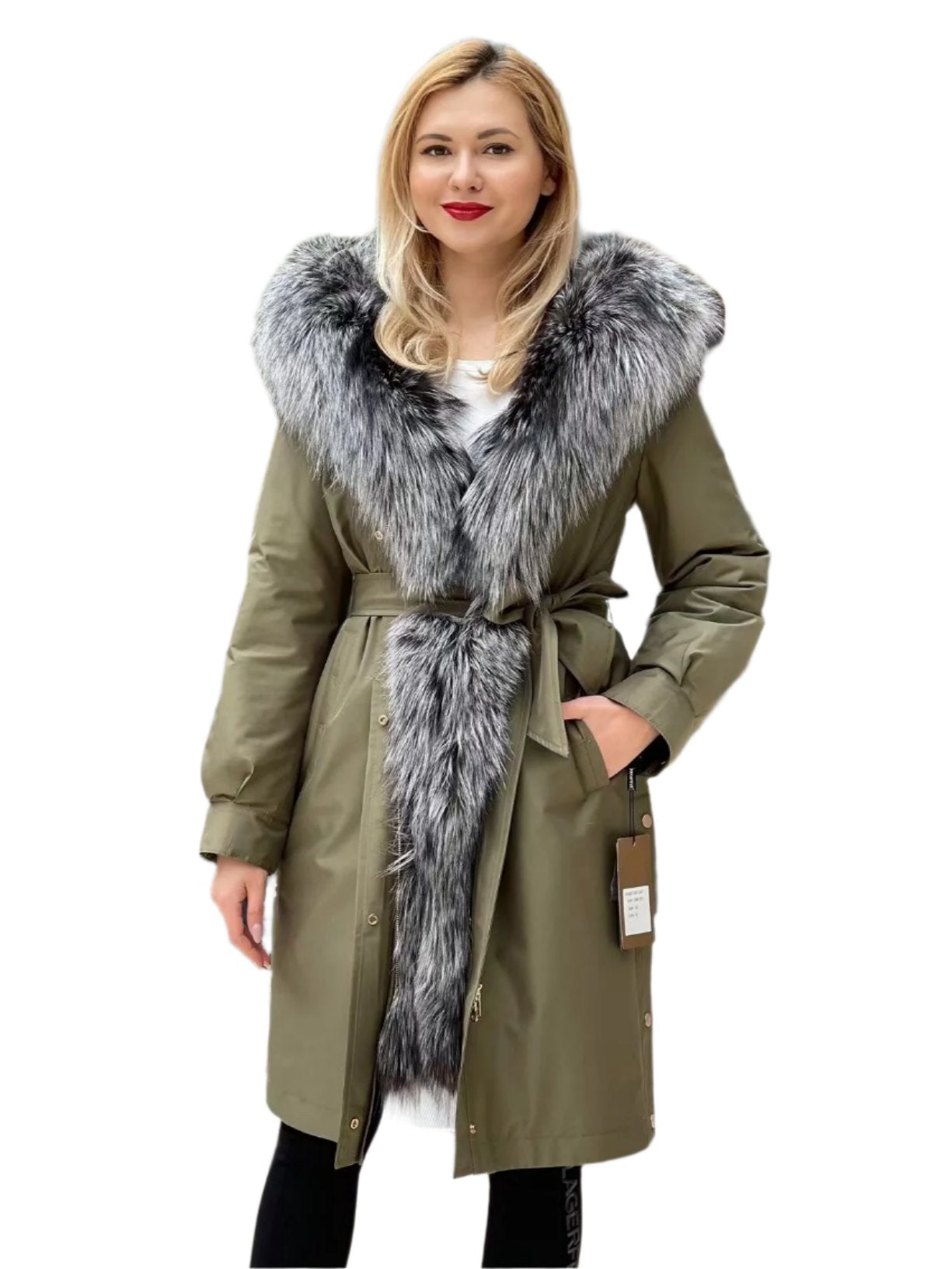 Parka aislante de piel de conejo con ribete de piel de zorro plateado genuino