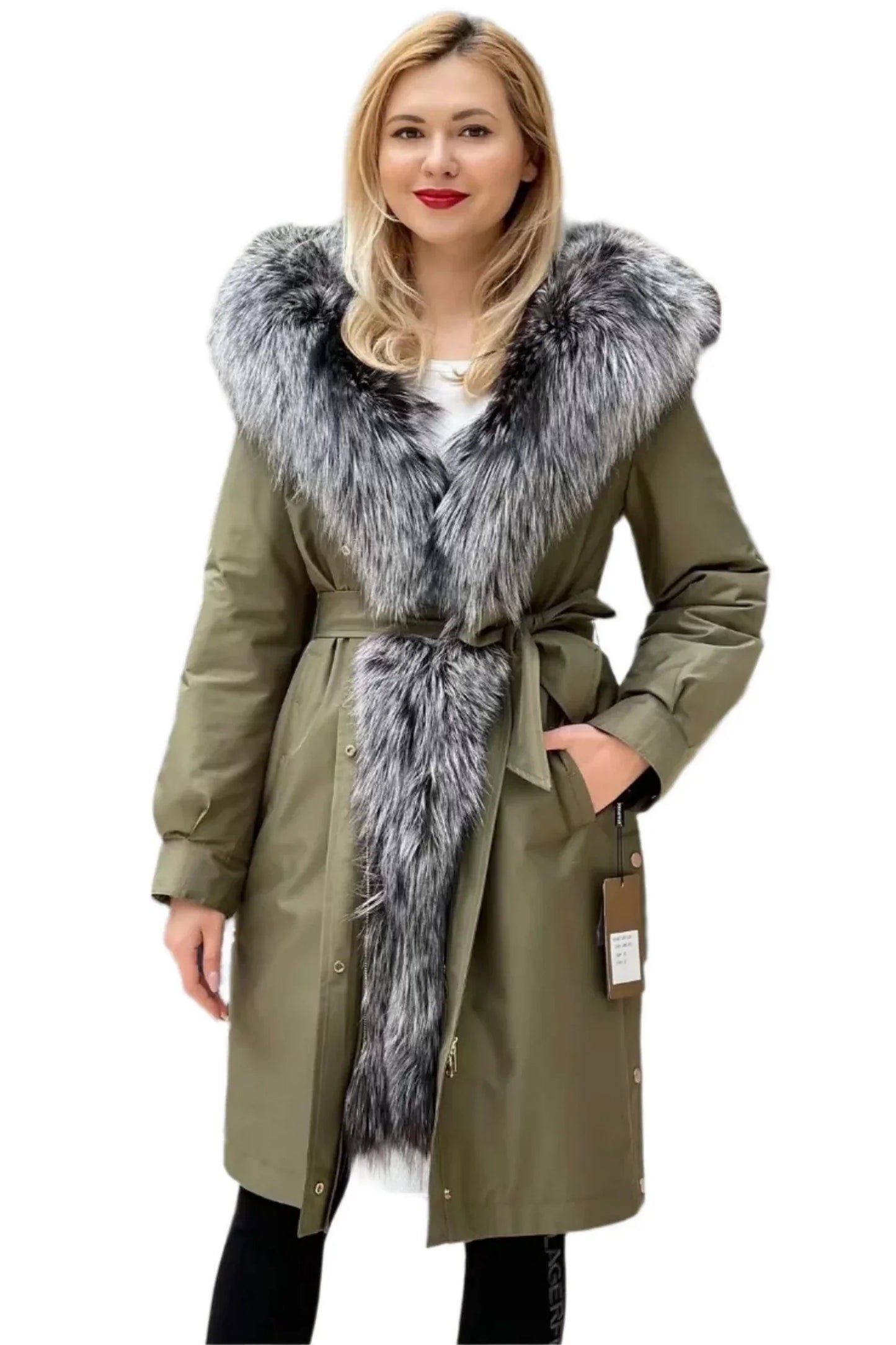 Parka aislante de piel de conejo con ribete de piel de zorro plateado genuino