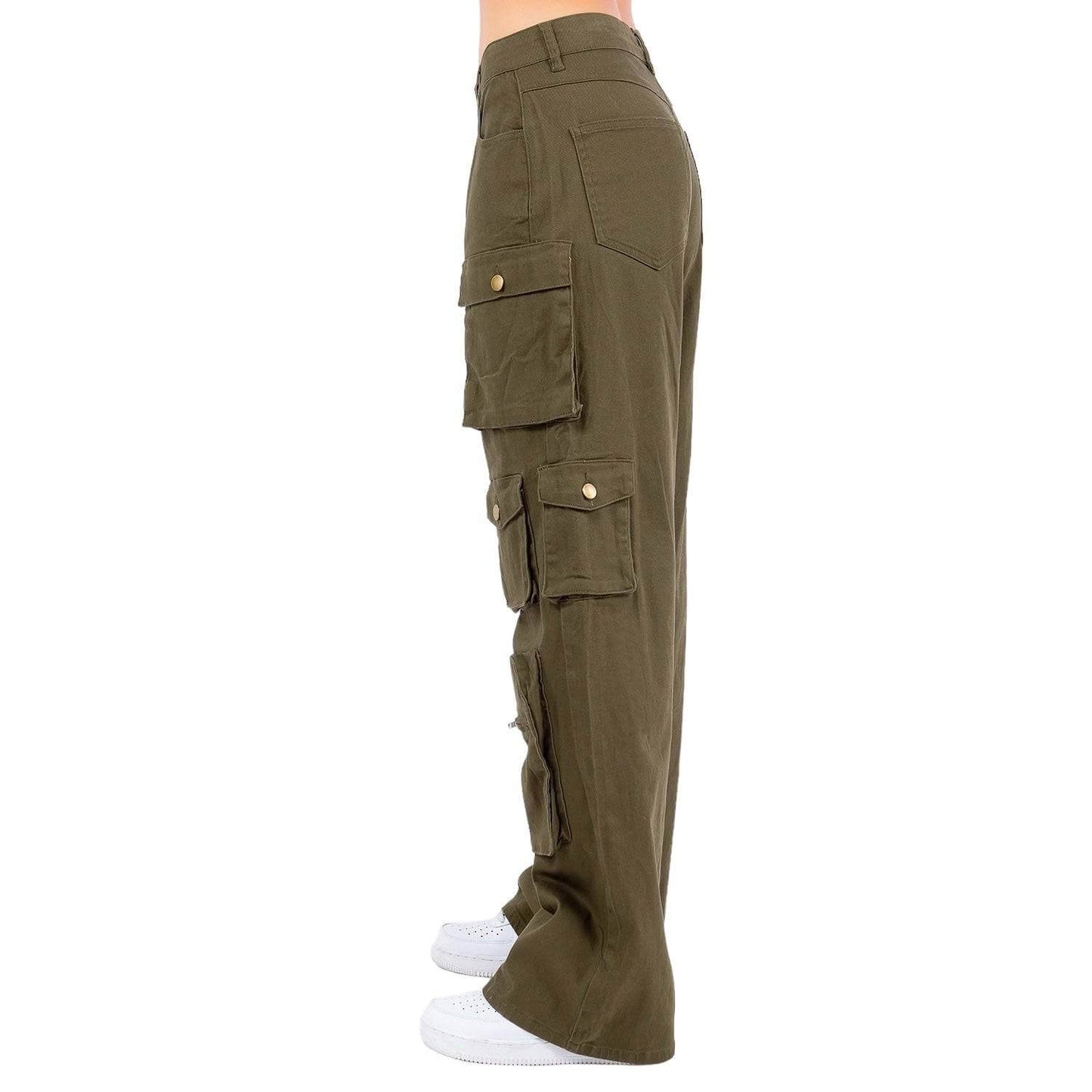 Pantalones cargo de pierna ancha con bolsillos y tiro alto - RJH30589
