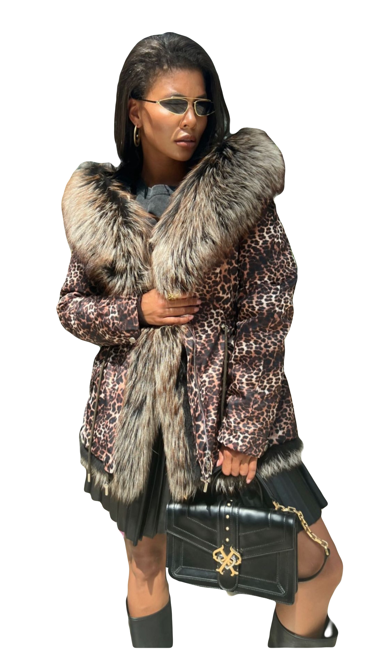 Chaqueta parka con estampado de leopardo de auténtica piel de zorro plateado con forro de piel de conejo