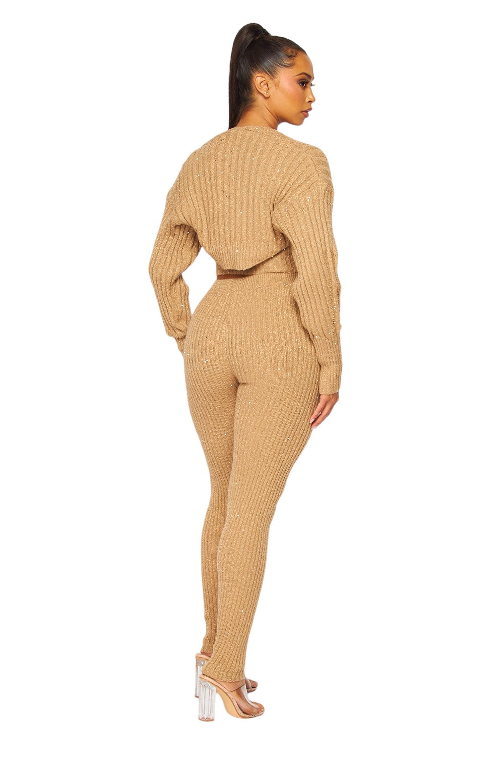 Conjunto de 3 piezas: suéter, pantalón de punto y top de lentejuelas