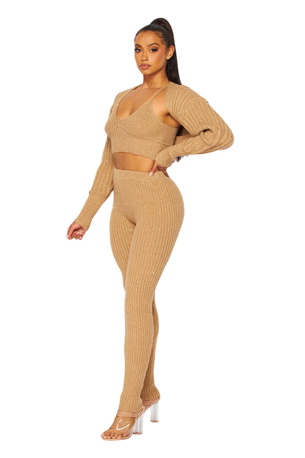Conjunto de 3 piezas: suéter, pantalón de punto y top de lentejuelas