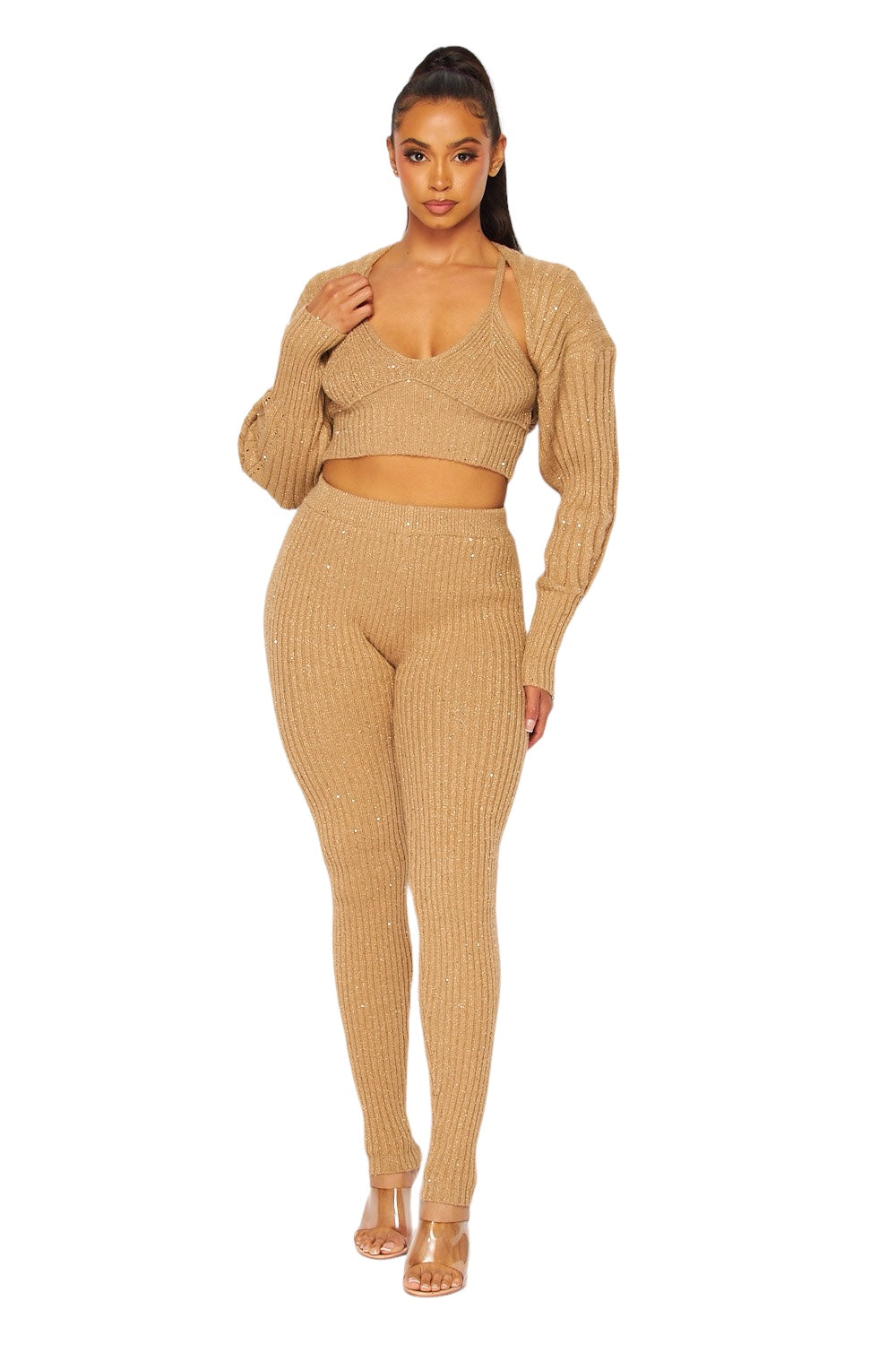 Conjunto de 3 piezas: suéter, pantalón de punto y top de lentejuelas