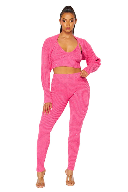 Conjunto de 3 piezas: suéter, pantalón de punto y top de lentejuelas