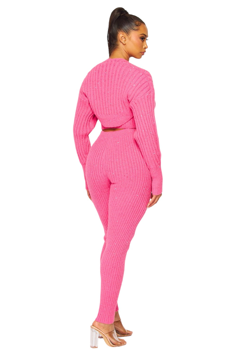 Conjunto de 3 piezas: suéter, pantalón de punto y top de lentejuelas