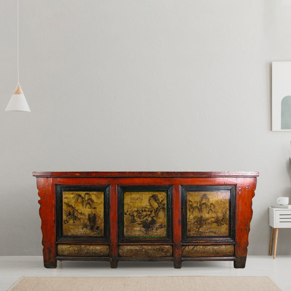 Aparador chino rojo pintado a mano de 85" de largo Gansu