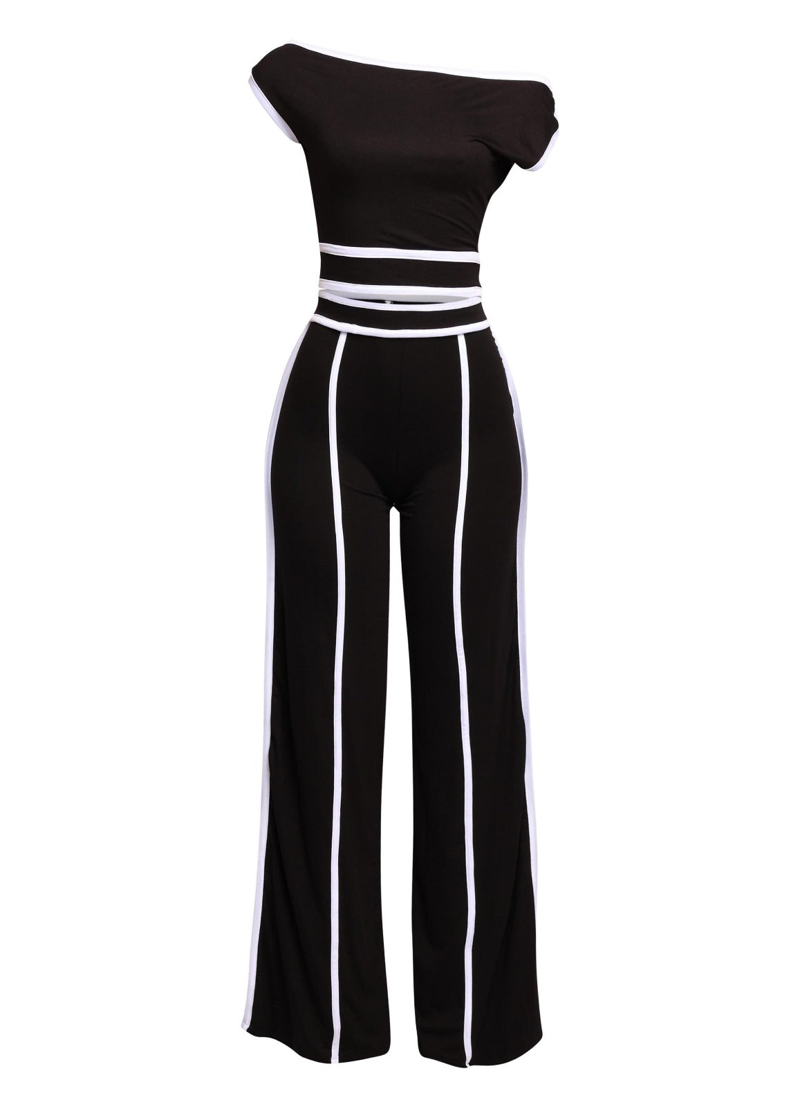 Top de manga corta con hombros descubiertos y pantalones de pierna ancha