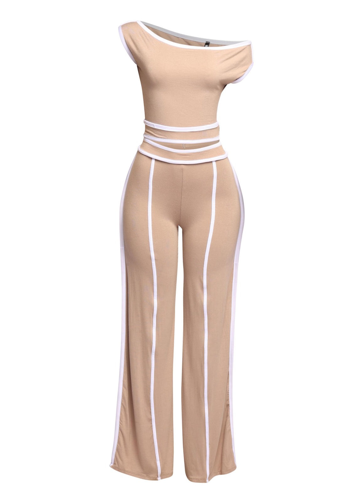Top de manga corta con hombros descubiertos y pantalones de pierna ancha