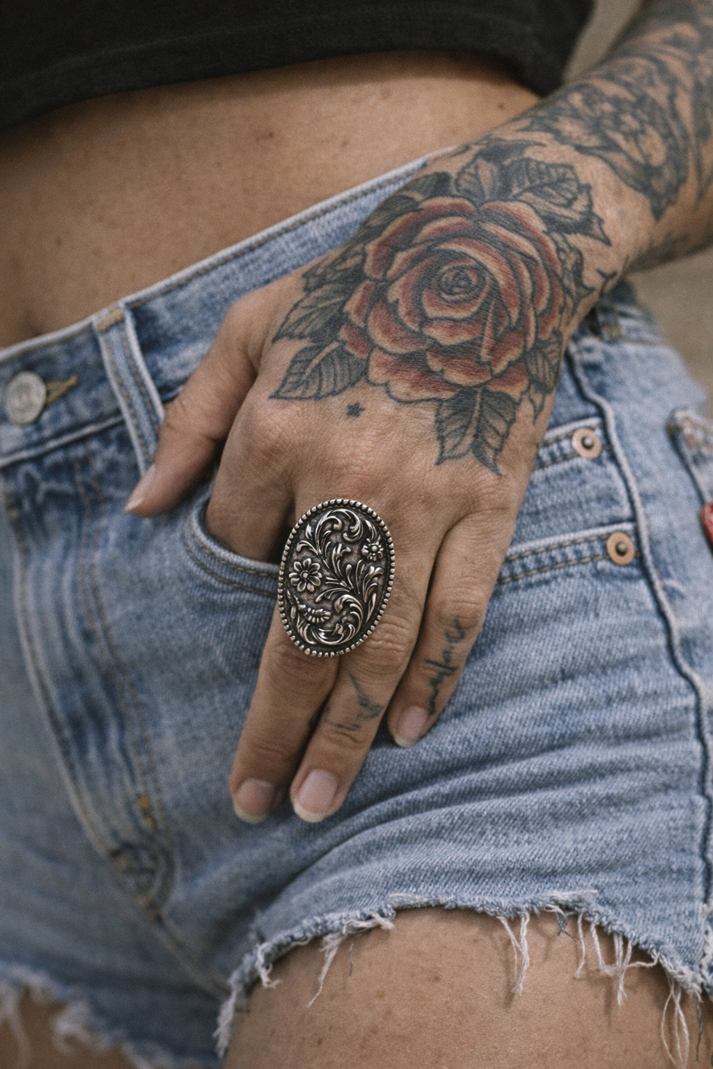 Western Flower Tooled Cuff Ring