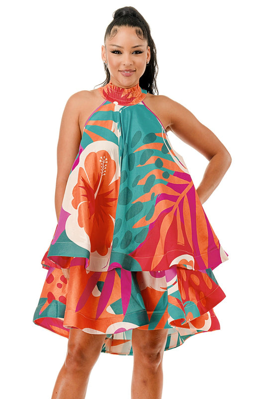 Vestido sin mangas con volantes y cuello halter