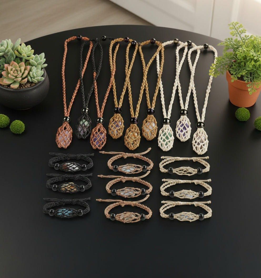 Pure Tumbled Stone Basket Necklace and Bracelet Set