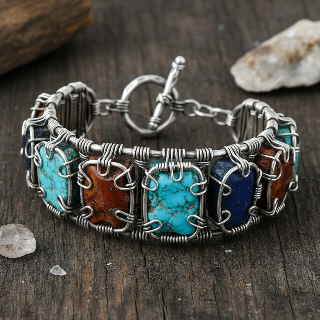 Silver Wire Wrapped Turquoise Red Jasper And Lapis Lazuli Trio Bracelet