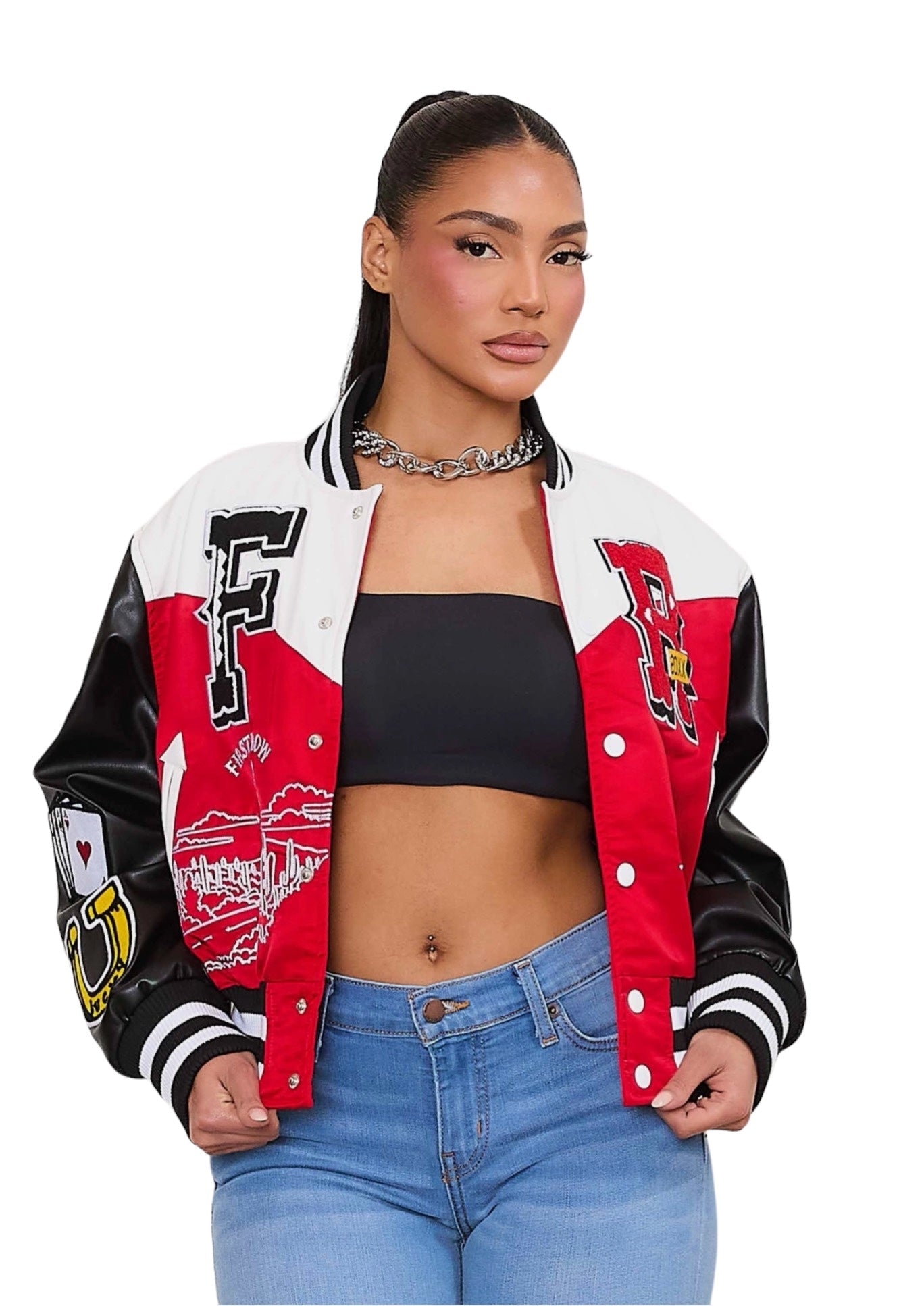 Chaqueta universitaria Get Lucky {Mangas de cuero vegano}