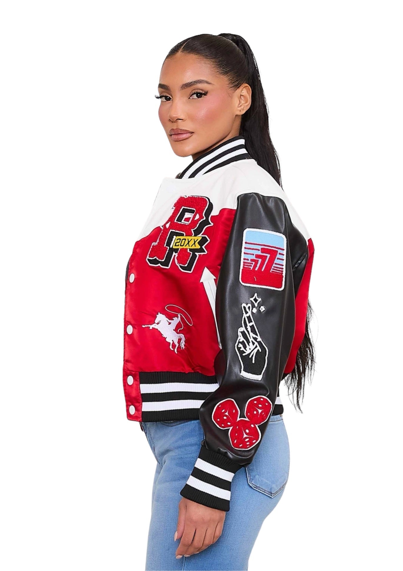 Chaqueta universitaria Get Lucky {Mangas de cuero vegano}
