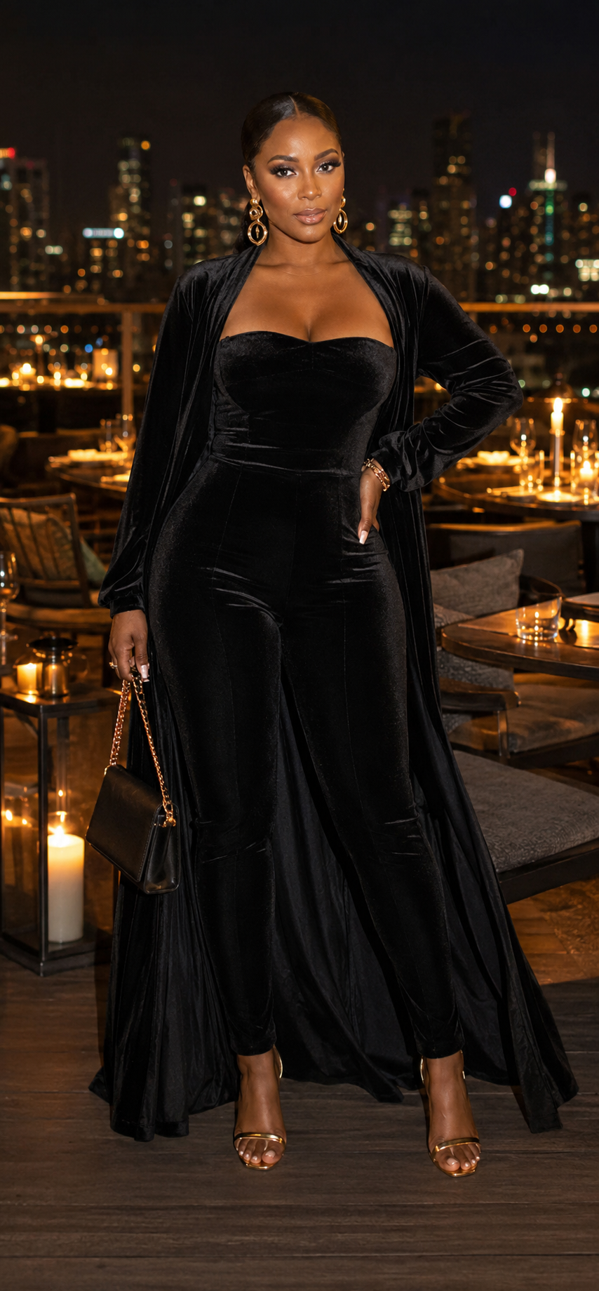 Velvet Strapless Jumpsuit & Maxi Cardigan Set