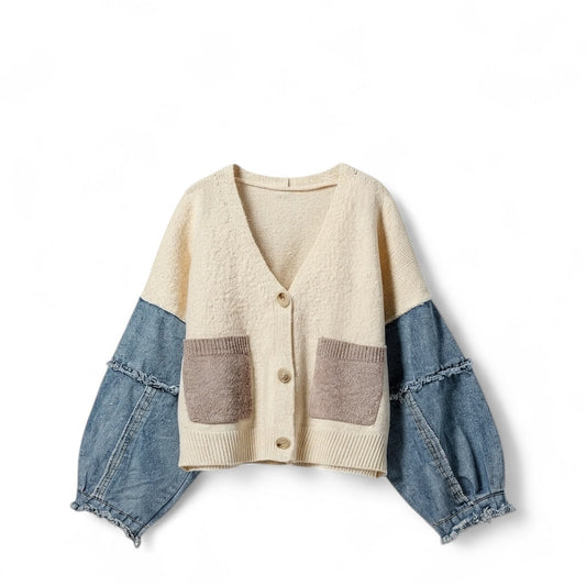 Cárdigan de punto con mangas de mezclilla y top casual