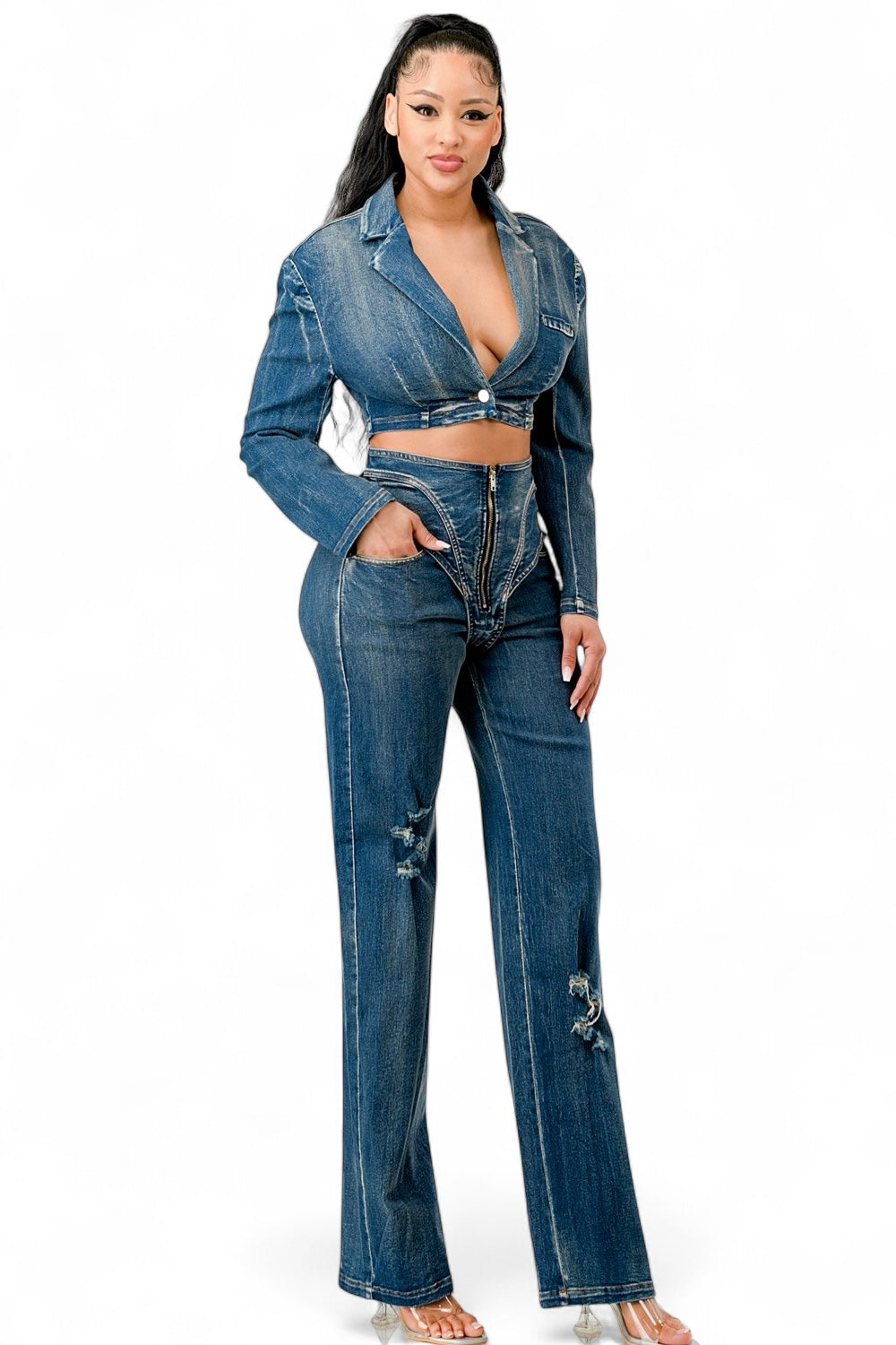 Conjunto de pantalón de mezclilla para chica moderna