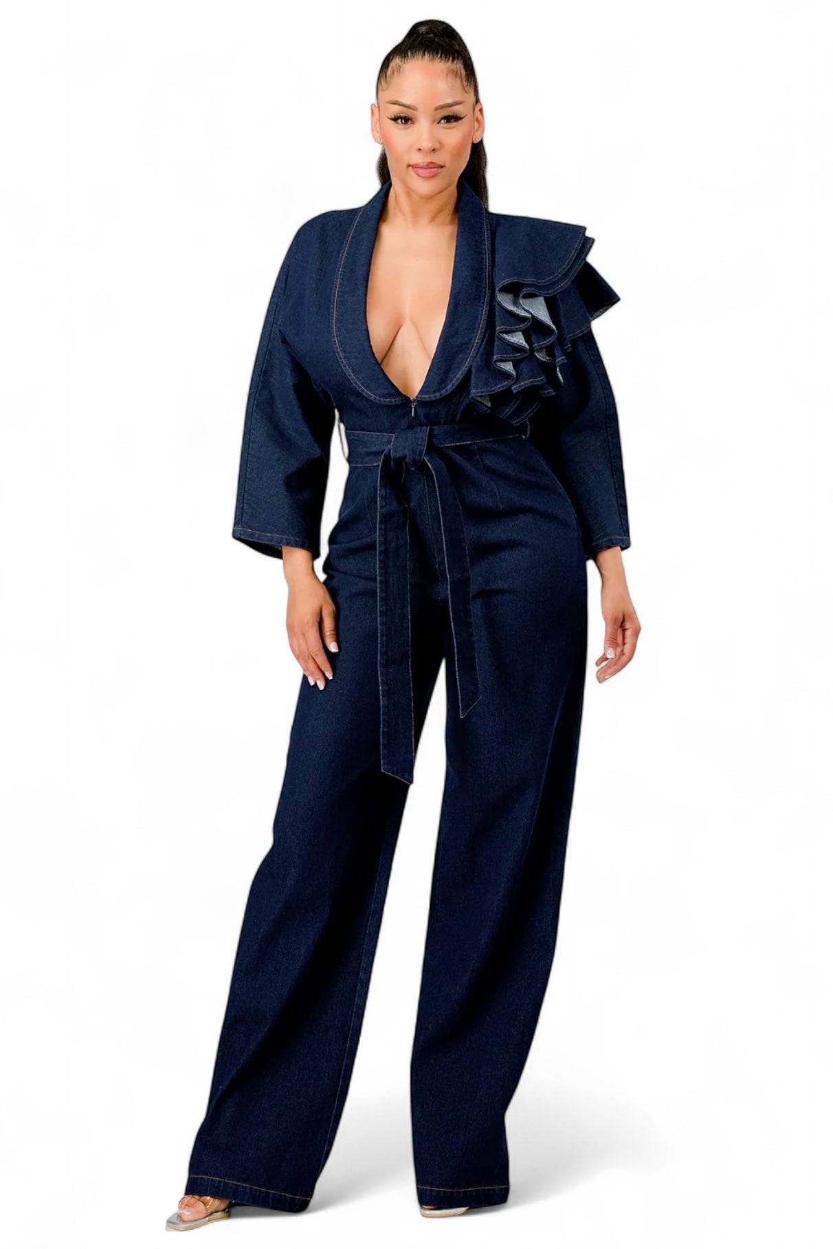 Mono con volantes en los hombros de denim oscuro