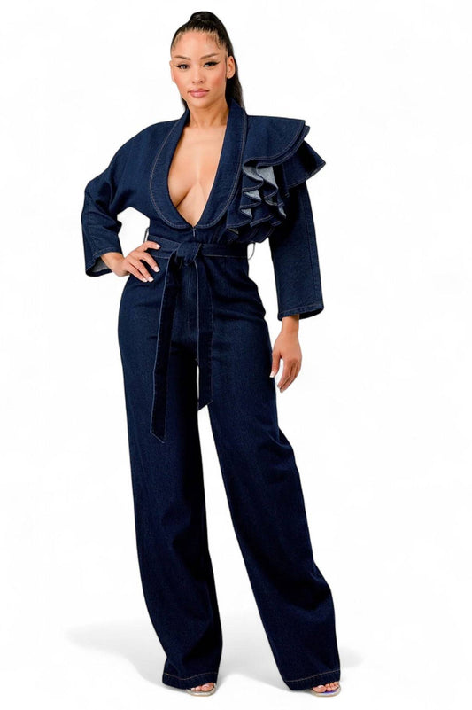 Mono con volantes en los hombros de denim oscuro