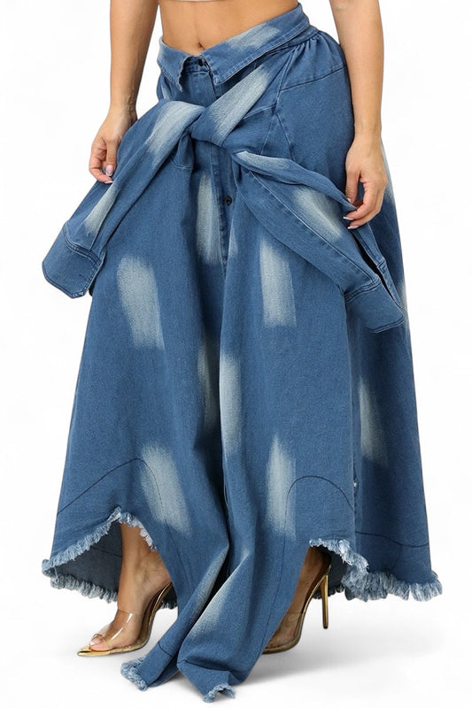 Maxifalda de mezclilla Tie Dye con cinturón de mangas de camisa