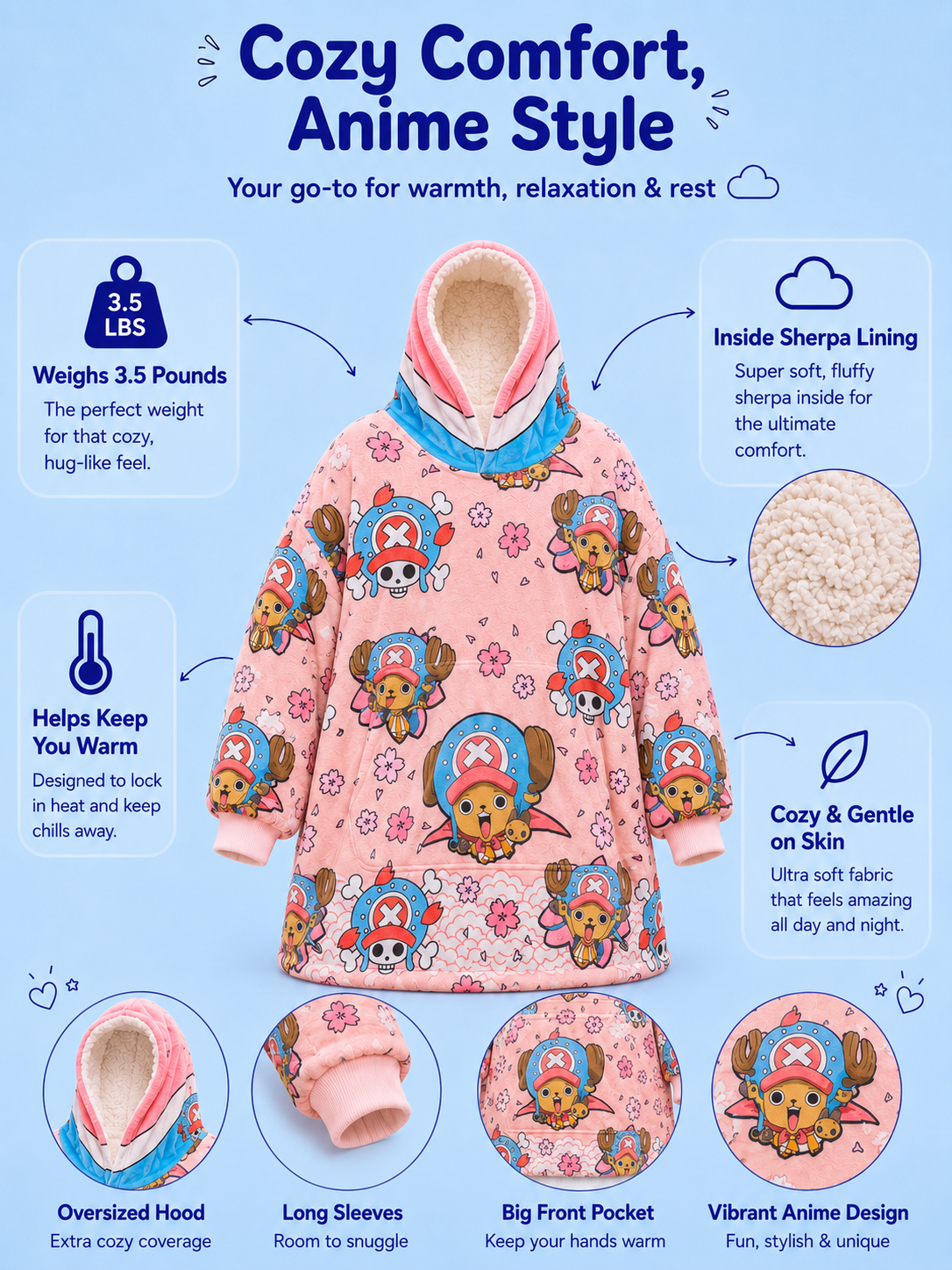 Sudadera con capucha y manta de Tony Chopper de One Piece para niños y adultos | OLM Toys