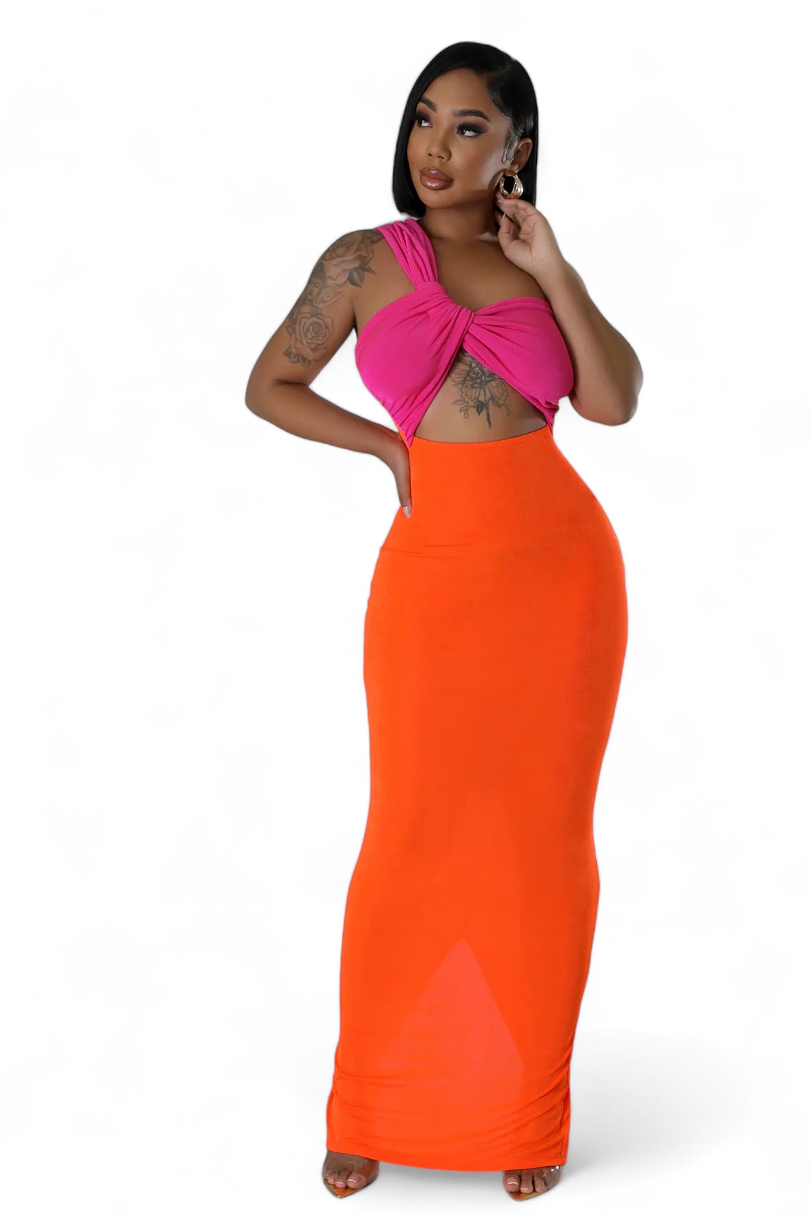 Vestido largo fucsia y naranja con bloques de color