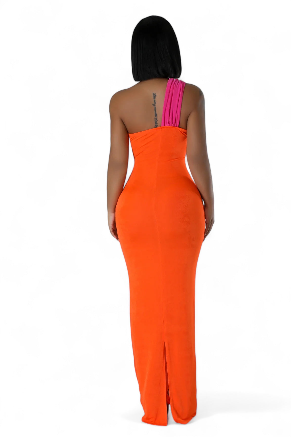 Vestido largo fucsia y naranja con bloques de color