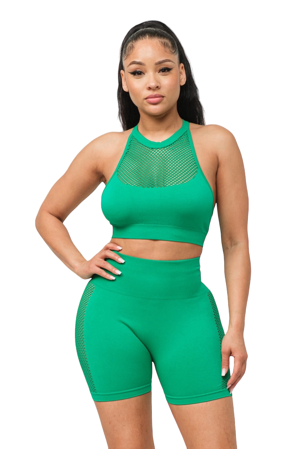 Conjunto de top halter y shorts con contraste de rejilla delantera