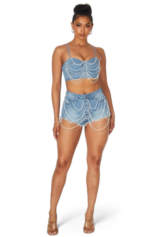 Pearl Detail Denim Short Set