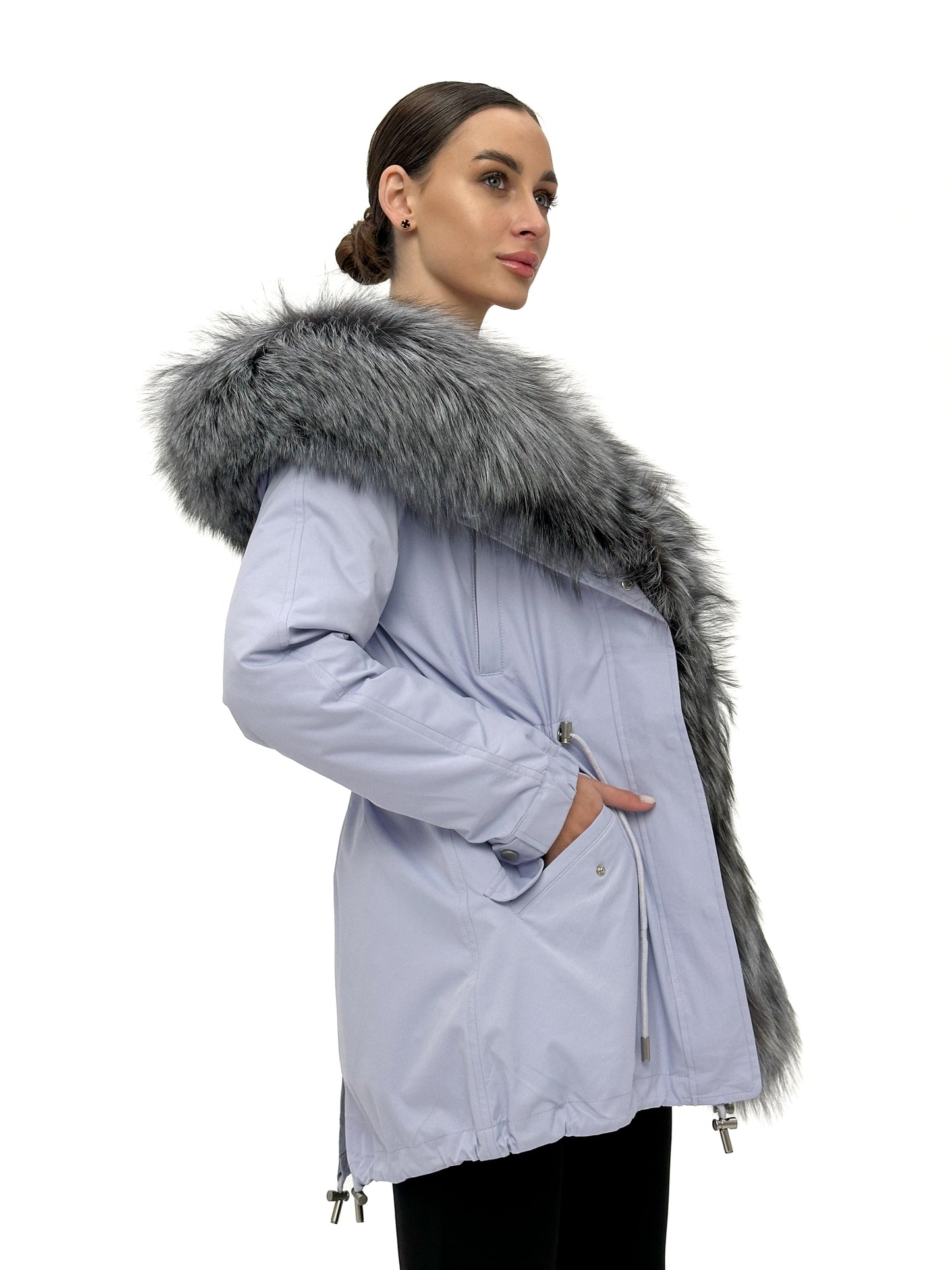 Parka aislante de piel de conejo con ribete de piel de zorro plateado genuino