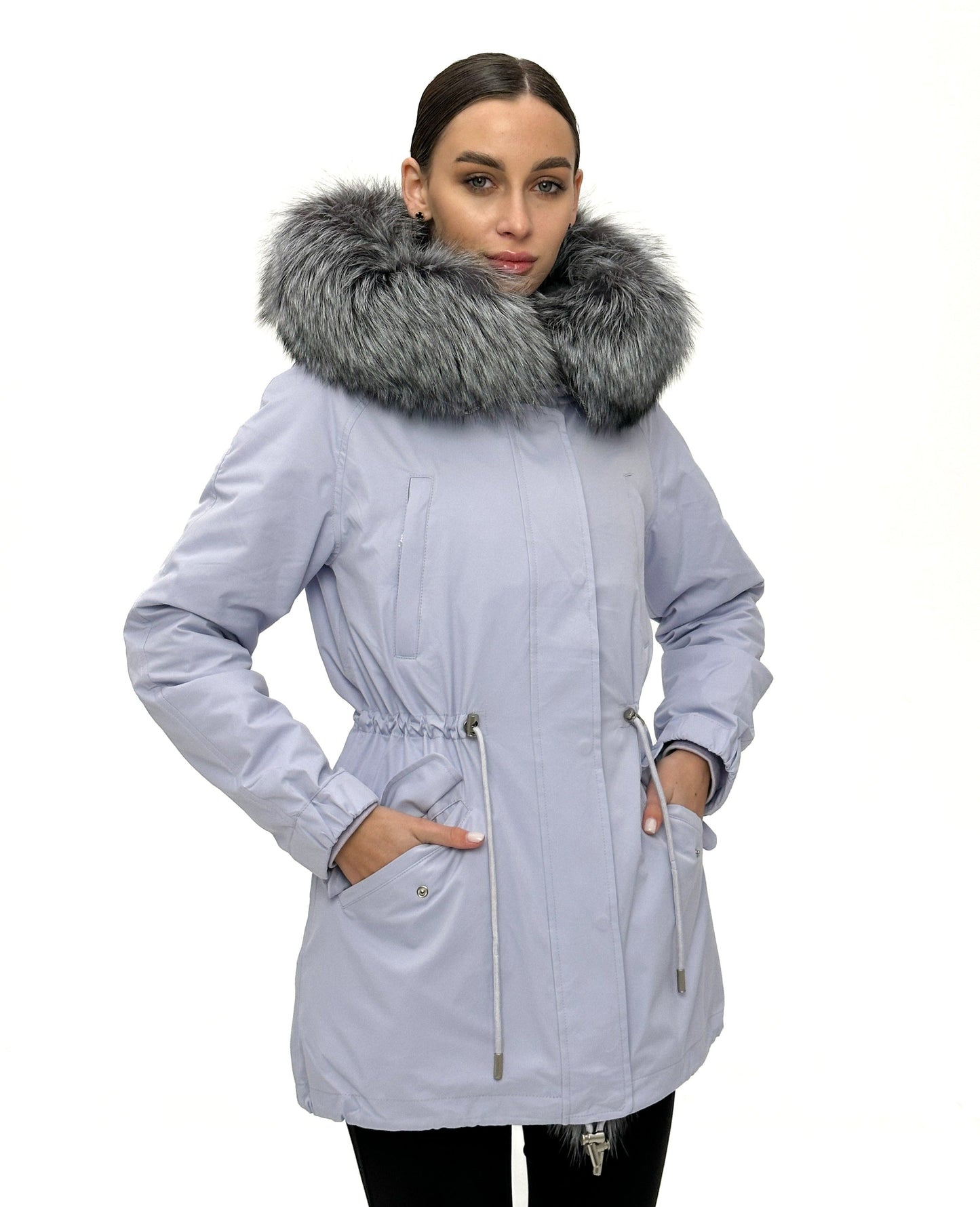 Parka aislante de piel de conejo con ribete de piel de zorro plateado genuino