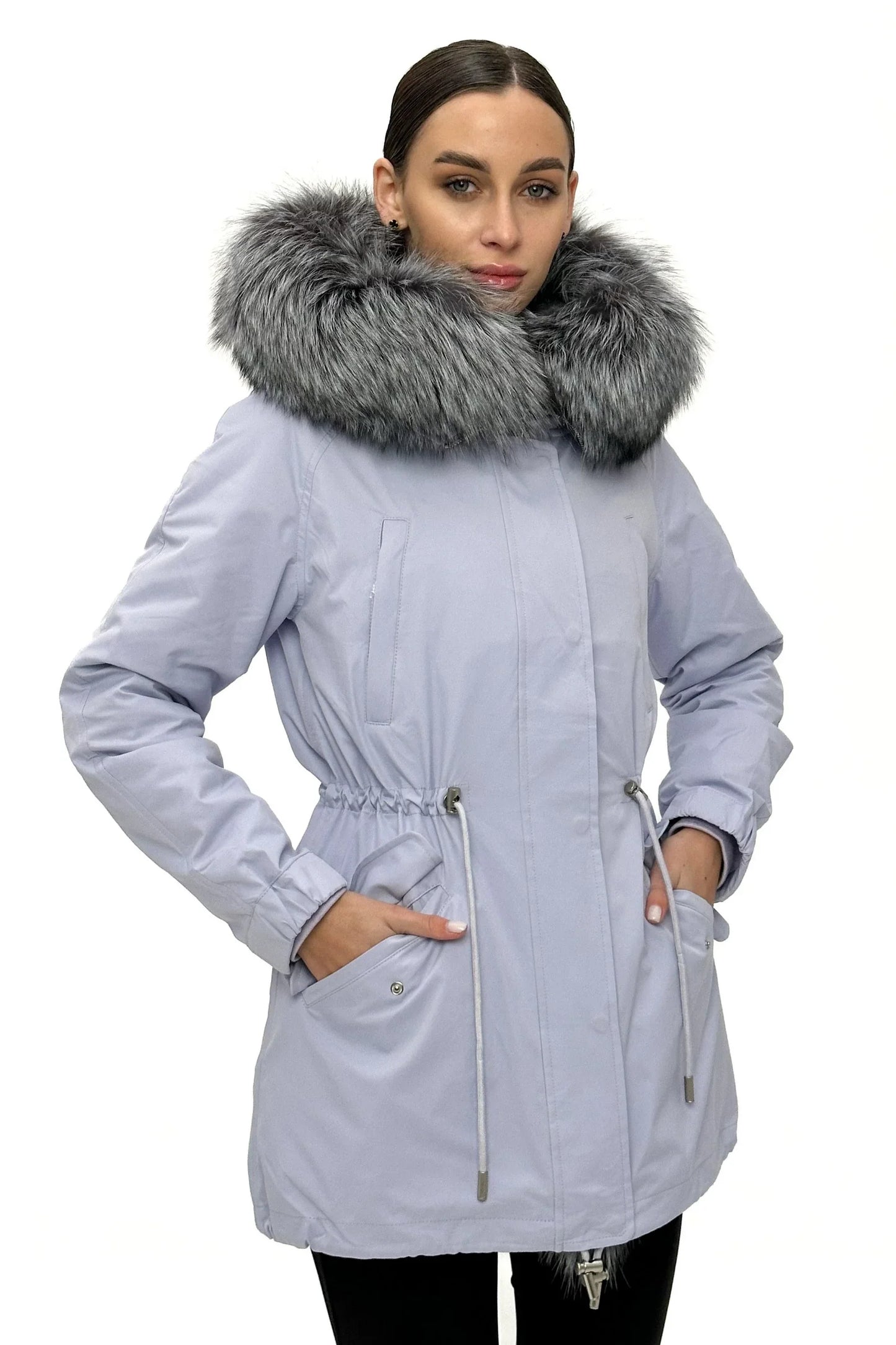 Parka aislante de piel de conejo con ribete de piel de zorro plateado genuino