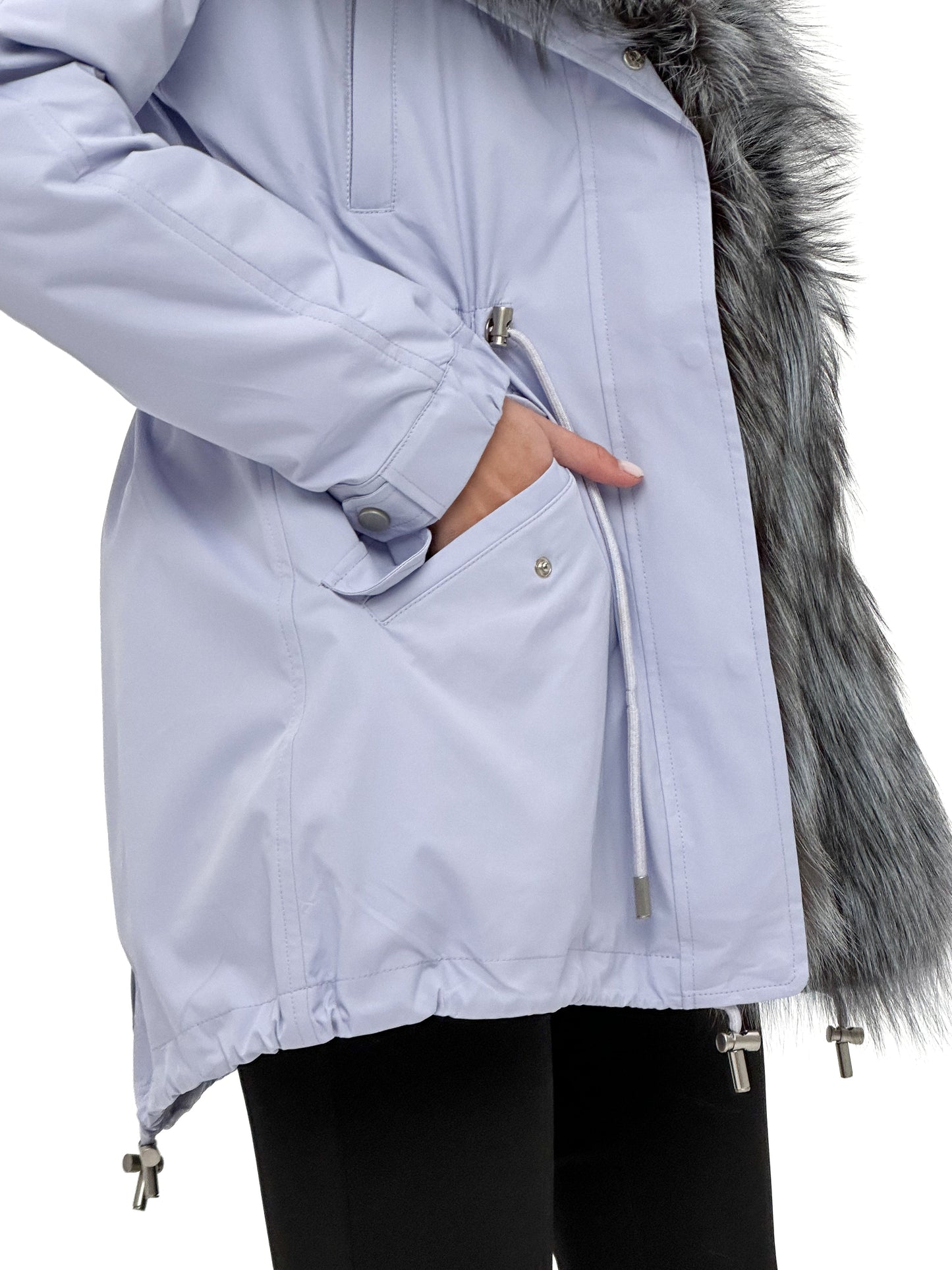 Parka aislante de piel de conejo con ribete de piel de zorro plateado genuino