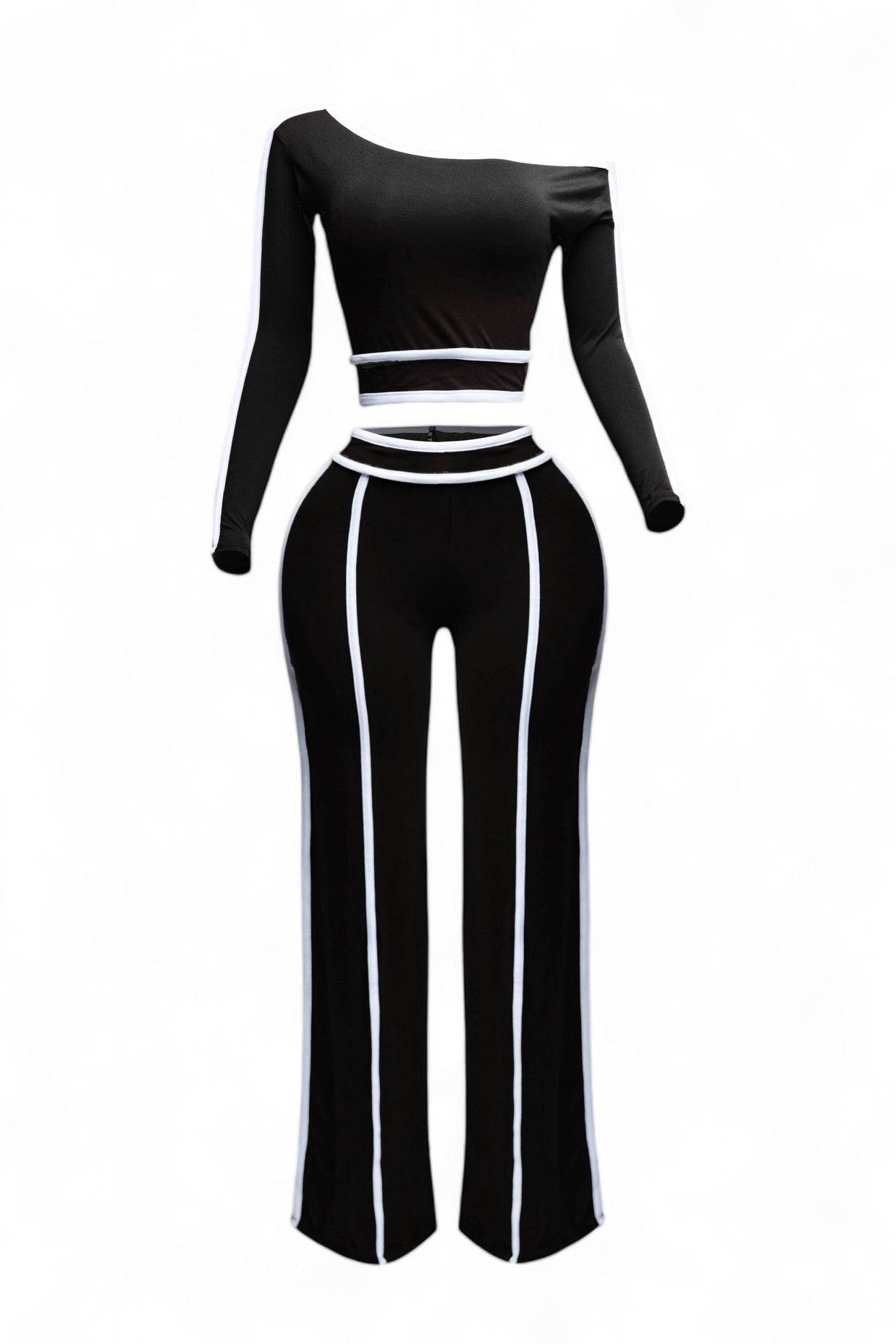 Top de manga larga con hombros descubiertos y pantalones de pierna ancha