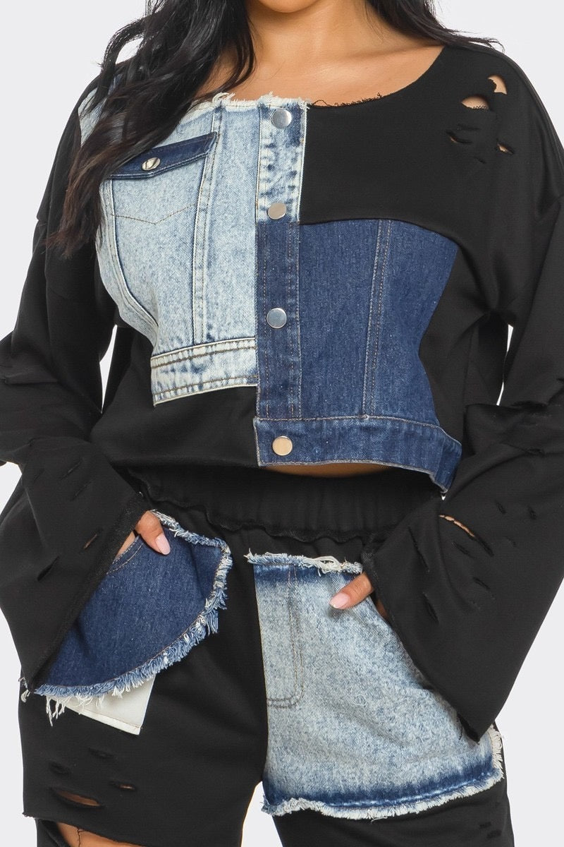 Conjunto de dos piezas de pantalones y top de manga larga con detalles de mezclilla {Ideal para chicas altas}