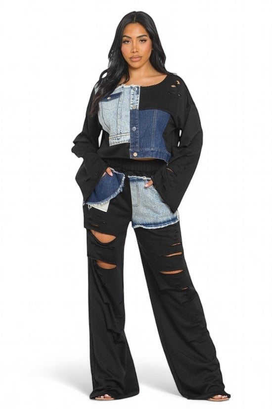 Conjunto de dos piezas de pantalones y top de manga larga con detalles de mezclilla {Ideal para chicas altas}