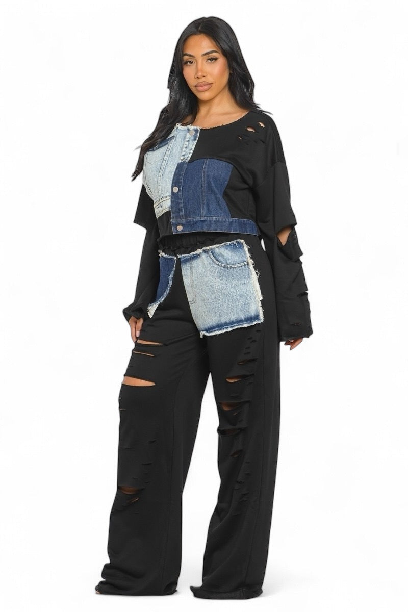 Conjunto de dos piezas de pantalones y top de manga larga con detalles de mezclilla {Ideal para chicas altas}