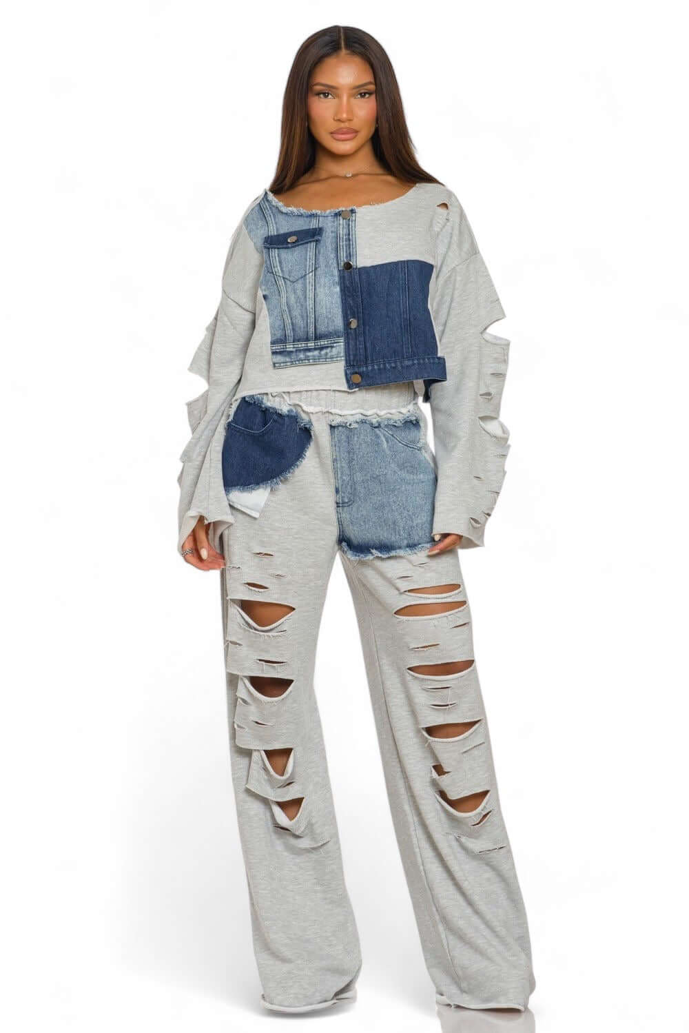 Conjunto de dos piezas de pantalones y top de manga larga con detalles de mezclilla {Ideal para chicas altas}