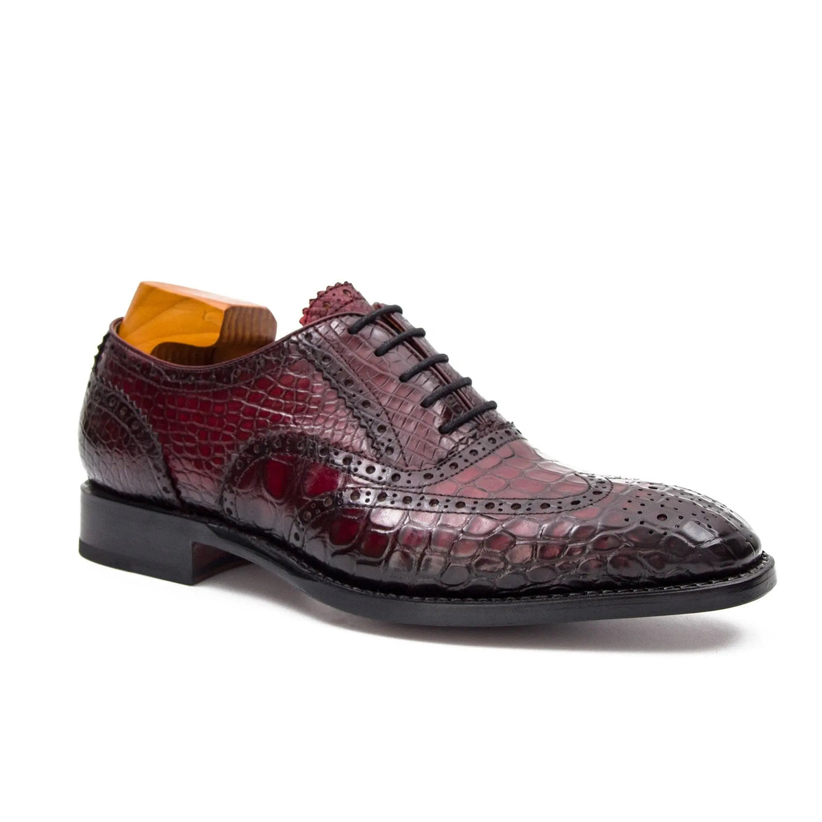 Burgundy Wingtip Crocodile Leather Oxford Shoes