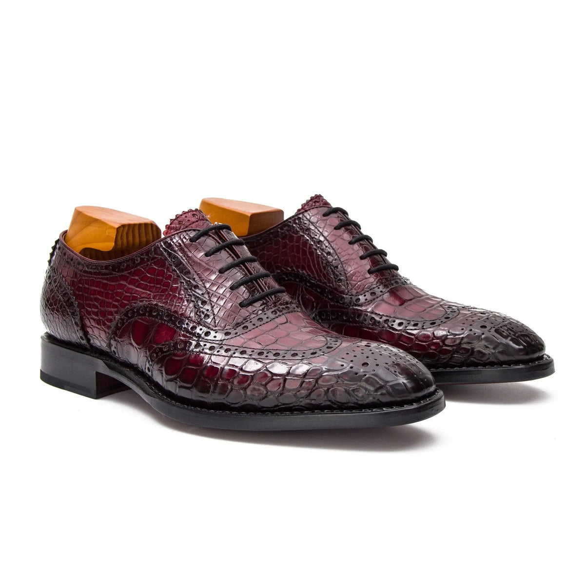 Burgundy Wingtip Crocodile Leather Oxford Shoes